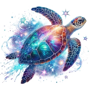 Può includere: Illustrazione vibrante di una tartaruga marina con un guscio colorato. Il guscio passa dall'arancione al viola e al verde acqua, con un design a galassia stellata. La tartaruga è circondata da spruzzi d'acqua e stelle scintillanti.