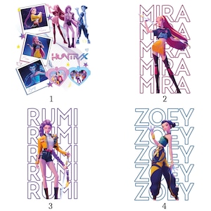Peut inclure: Conception graphique avec quatre illustrations de personnages animés. La première image comprend le texte "HUNTRX" et trois photos de style polaroid. Les trois autres images présentent les noms "MIRA", "RUMI" et "ZOEY" verticalement.