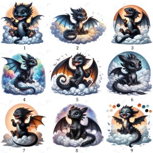 Op de afbeelding: Negen illustraties van schattige cartoon draken in verschillende poses, elk zittend op pluizige wolken. De draken hebben zwarte lichamen, vleugels en expressieve ogen. De achtergronden tonen kleurrijke luchten, zonnen en manen, wat een grillig fantasiethema creëert.