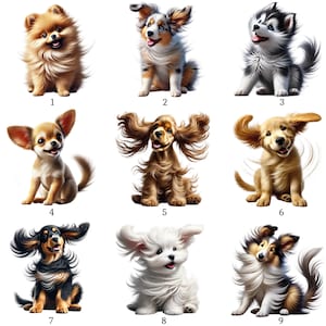 Puede incluir: Nueve ilustraciones de cachorros, cada uno con distintas características de pelaje y orejas. Los cachorros están numerados del 1 al 9. Las razas incluyen un Pomerania, un Pastor Australiano, un Husky, un Chihuahua, un Cocker Spaniel, un Golden Retriever, un Dachshund, un Maltés y un Sheltie.