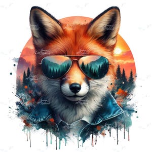 Könnte beinhalten: Digitale Illustration eines Fuchses mit Pilotenbrille, die eine Waldszene widerspiegelt. Der Fuchs hat orangefarbenes Fell und eine blaue Jeansjacke, vor einem Sonnenuntergang mit Bäumen.