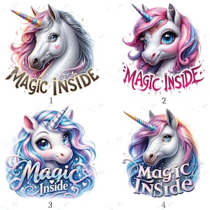 Könnte beinhalten: Vier digitale Illustrationen von Einhörnern mit bunten Mähnen und Hörnern. Jedes Einhorn hat den Text "Magic Inside" unter seinem Kopf. Die Einhörner haben unterschiedliche Farbschemata, darunter Rosa, Blau und Lila.