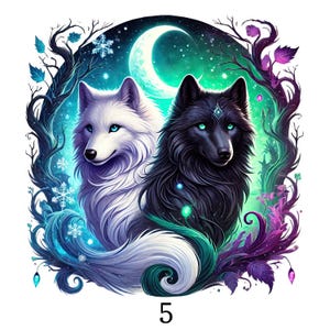 May include: A digital illustration featuring a white wolf and a black wolf side by side against a backdrop of a crescent moon, swirling dark branches, and glowing teal light. The number 5 is printed in black at the bottom of the image.