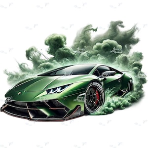 May include: A green sports car with black wheels and red brake calipers, surrounded by green smoke. The car has a sleek design with sharp angles and a low profile. The image has a digital art style.