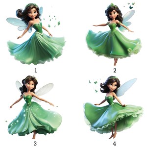 May include: Four illustrations of a fairy with brown hair, a green dress, and translucent wings. The fairy is in a dancing pose, surrounded by green leaves and butterflies. The dress has a flowing skirt and a fitted bodice.
