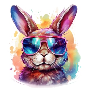 Könnte beinhalten: Bunte Illustration eines Kaninchens mit rosa Sonnenbrille. Das Kaninchen hat braunes Fell mit Akzenten in Blau, Lila und Rosa. Der Hintergrund hat einen Aquarell-Effekt mit Spritzern in Gelb, Orange und Grün.