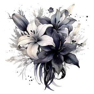 Pode incluir: Ilustração em aquarela de um buquê de lírios em tons de preto, branco e cinza. O arranjo apresenta flores totalmente desabrochadas, botões e folhagens, com detalhes em tinta.