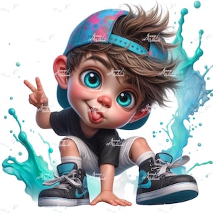 Può includere: Illustrazione di un cartone animato di un ragazzino con un berretto da baseball blu e rosa, una maglietta nera e pantaloncini bianchi. Sta tirando fuori la lingua e facendo il segno della pace con le dita. Il ragazzo indossa scarpe da ginnastica nere e blu e c'è uno schizzo turchese dietro di lui.