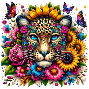 Può includere: Un'illustrazione vibrante del volto di un leopardo adornato con fiori e farfalle colorate. Il leopardo ha occhi blu brillante e un viso marrone chiaro con macchie nere. I fiori includono rose rosa, girasoli e altri fiori.