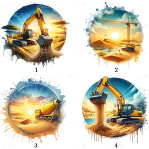Op de afbeelding: Vier cirkelvormige illustraties van bouwmachines in een woestijnlandschap. De afbeeldingen tonen een gele graafmachine, een kraan, een betonmixer en nog een graafmachine. Elke afbeelding is omlijst door een blauw-bruine aquarel-stijl rand.