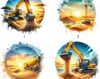Bügelbild, Baufahrzeuge, Bagger, Kran in Savanna, Bügelmotiv