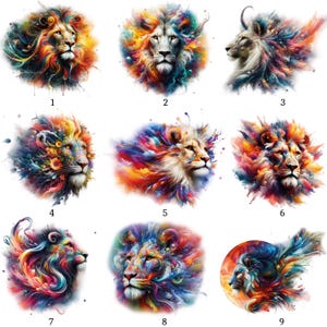 May include: Nine vibrant digital art prints of lions, each with a unique colorful explosion of hues. The lions are depicted in various poses, with detailed manes and expressive faces. The artwork showcases a blend of realism and abstract elements.