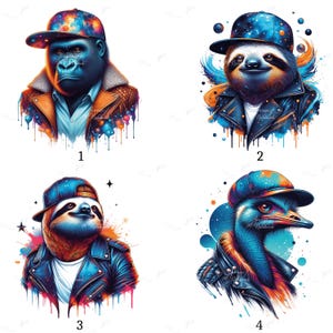 Può includere: Quattro illustrazioni digitali di animali con cappelli e giacche di pelle. Un gorilla, un bradipo e un emù sono raffigurati con colori vivaci e cappelli a tema cosmico. Il bradipo e l'emù hanno il testo "Maya Nuhbande" sulle loro giacche.