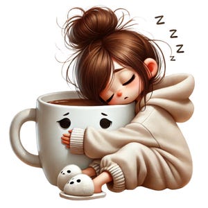Peut inclure: Illustration d'une personne endormie aux cheveux bruns, vêtue d'un sweat à capuche beige, reposant sur une grande tasse à café blanche. La tasse a un visage triste et est remplie de café. La personne porte des chaussons blancs et duveteux.