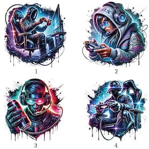 Pode incluir: Quatro ilustrações digitais de jogadores. Cada imagem apresenta uma pessoa com fones de ouvido e um controle, em um fundo de azuis, roxos e rosas vibrantes. Os jogadores estão em várias poses, alguns sentados, outros segurando bebidas energéticas.