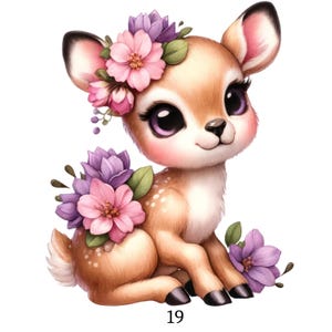 Puede incluir: Ilustración de dibujos animados de un cervatillo con grandes ojos morados y una corona floral de flores rosas y moradas. El cervatillo está sentado con una expresión dulce. El número 19 está en la parte inferior.