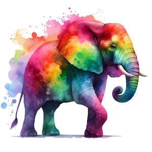 Può includere: Illustrazione ad acquerello di un elefante dai vivaci colori dell'arcobaleno. L'elefante è raffigurato mentre cammina, con la proboscide arricciata e le zanne visibili. Schizzi di acquerello rosa, arancione, giallo, verde, blu e viola circondano l'elefante.