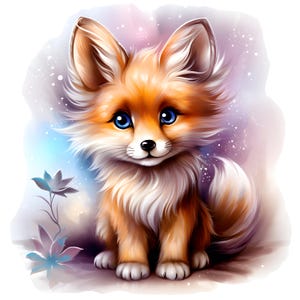 Può includere: Illustrazione ad acquerello di un simpatico cucciolo di volpe con pelo arancione e bianco, grandi occhi blu e una coda soffice. La volpe è seduta, con uno sfondo morbido e sfocato nei toni del viola, blu e bianco. Un fiore stilizzato è in basso a sinistra.