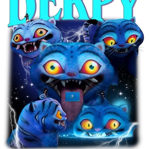 May include: A digital illustration featuring several blue, cartoonish cat-like creatures with yellow and red eyes, sharp teeth, and a long tongue. The word "DERPY" is written in large, light blue letters at the top. Lightning bolts and stars are in the background.