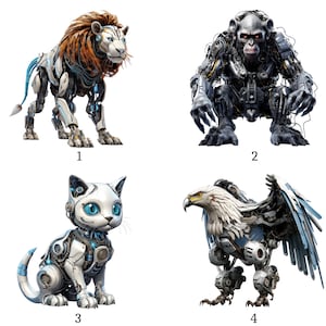May include: Four images of robotic animals: a lion with orange and white fur, a crouching monkey, a white cat with blue eyes, and an eagle with white and blue wings. Each animal is constructed with metallic components.
