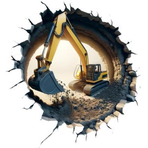 May include: A yellow excavator with a black bucket and tracks is breaking through a wall. The excavator is digging into a pile of earth. The scene is set against a bright background.
