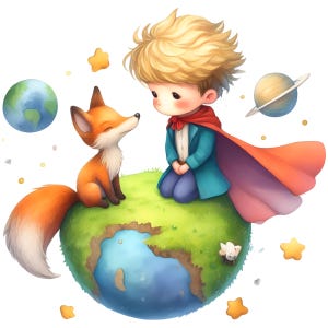 Könnte beinhalten: Illustration eines jungen Mannes mit blonden Haaren, der eine blaue Jacke und einen roten Umhang trägt und auf einem grünen und blauen Planeten kniet. Ein Fuchs mit orangefarbenem Fell sitzt daneben. Sterne und Planeten sind ebenfalls abgebildet.