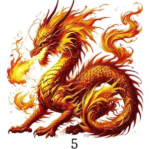 May include: A detailed illustration of a dragon in shades of red, orange, and yellow. The dragon is breathing fire, with flames emanating from its mouth. The number "5" is at the bottom.