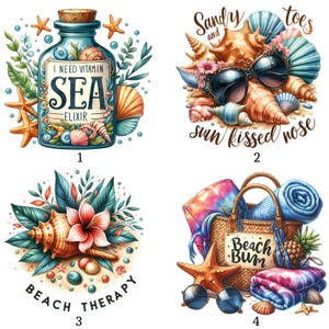 Könnte beinhalten: Vier Aquarellillustrationen mit Strandmotiven. Eine zeigt ein Glas mit dem Text "I NEED VITAMIN SEA ELIXIR". Eine andere zeigt eine Sonnenbrille auf Muscheln mit dem Text "Sandy toes sun kissed nose". Eine dritte zeigt eine Muschel mit dem Text "BEACH THERAPY". Die letzte zeigt eine Strandtasche mit dem Text "Beach Bum".