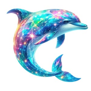 Könnte beinhalten: Eine lebendige, stilisierte Delfin-Illustration. Der Körper des Delfins besteht aus geometrischen Formen in Blau-, Lila-, Grün- und Gelbtönen mit funkelnden Highlights. Das Kunstwerk hat ein himmlisches oder kosmisches Thema, vor weißem Hintergrund.