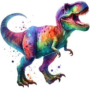 May include: A colorful watercolor illustration of a Tyrannosaurus Rex. The dinosaur is depicted in vibrant rainbow hues, with open jaws and sharp teeth. Splatter effects add to the artistic style. The image is set against a white background.