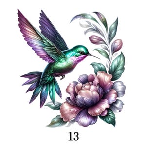 Puede incluir: Una vibrante ilustración de un colibrí en vuelo, con plumas iridiscentes verdes, moradas y turquesas. El ave se cierne cerca de una gran flor rosa y morada de múltiples tonos con hojas verdes. El número "13" está impreso en negro en la parte inferior.