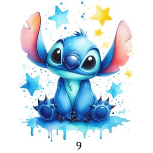 May include: A watercolour illustration of a blue alien-like creature with large ears and big eyes, sitting on a blue puddle. The image features blue and yellow stars scattered around the character. The number "9" is at the bottom.