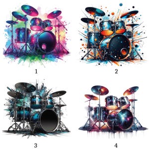 May include: Four distinct drum set illustrations arranged in a grid, each featuring a unique colour palette including vibrant neon splashes, cosmic blue and orange tones, cool teal accents, and a deep space nebula theme with metallic hardware.