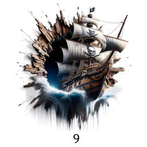 Può includere: Illustrazione dettagliata di una nave pirata che emerge da un muro di legno. La nave ha vele bianche con teschi, una bandiera nera e naviga su un mare in tempesta. Il numero "9" è in basso.