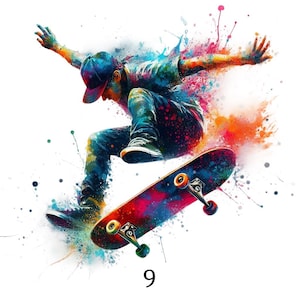 Puede incluir: Ilustración vibrante de un skater en el aire, realizando un truco. El skater lleva gorra, vaqueros y camiseta, con salpicaduras de pintura coloridas a su alrededor. La patineta es multicolor con ruedas naranjas. El número 9 está en la parte inferior.