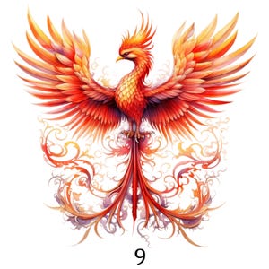 Könnte beinhalten: Eine lebendige Illustration eines Phönix mit ausgebreiteten Flügeln, die eine feurige Farbpalette aus Rot, Orange und Gelb zeigt. Der mythische Vogel ist mit aufwendigen Federdetails und einem dekorativen, wirbelnden Schwanz dargestellt. Die Zahl "9" befindet sich unten.