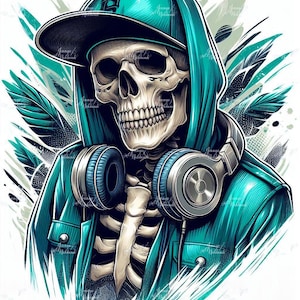 May include: Illustration of a skeleton in a teal hoodie, baseball cap, and headphones. The skull is detailed with visible teeth and eye sockets. The background features teal and white abstract designs, creating a modern, edgy aesthetic.