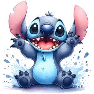 Può includere: Illustrazione ad acquerello del personaggio Disney Stitch. Stitch ha grandi occhi neri, un naso blu e grandi orecchie rosa. Sorride a bocca aperta, rivelando i denti e la lingua rosa. Schizzi d'acqua blu lo circondano.