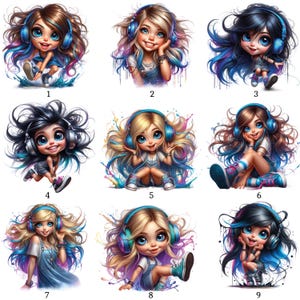 Könnte beinhalten: Neun farbenfrohe Illustrationen von Cartoon-Mädchen mit großen Augen, die alle Kopfhörer tragen. Jedes Mädchen hat unterschiedliche Haarfarben, darunter blond, braun und schwarz, mit blauen und violetten Highlights. Sie werden in verschiedenen Posen dargestellt, mit Farbspritzern um sie herum.