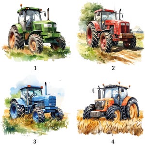 Peut inclure: Illustrations à l'aquarelle de quatre tracteurs de couleurs différentes : vert, rouge, bleu et orange. Chaque tracteur est représenté sur un fond herbeux ou de champ de blé, mettant en valeur les machines agricoles. Le style est artistique et détaillé.