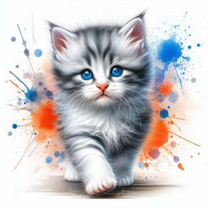 Può includere: Illustrazione ad acquerello di un soffice gattino con pelo a strisce grigie e bianche, occhi blu brillante e naso rosa. Il gattino cammina in avanti, con schizzi di vernice blu e arancione colorati sullo sfondo.