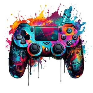 May include: An artistic depiction of a games controller, featuring a black base and a vibrant array of colours including blue, orange, pink, and yellow. The buttons and joysticks are black, and the design incorporates the PlayStation logo.