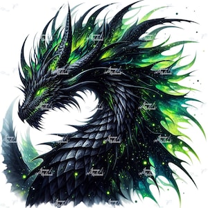 Peut inclure: Illustration numérique d'un dragon noir avec des accents verts vifs. Les yeux du dragon brillent, et l'œuvre présente des détails complexes et un thème fantastique. Le texte "Jennys Nahband" est présent dans les coins de l'image.