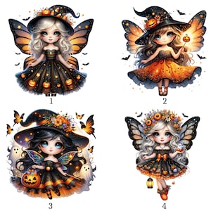Op de afbeelding: Vier illustraties van feeënfiguren met Halloween-thema's. Elk figuur draagt een heksenhoed, heeft vlinderachtige vleugels en is gekleed in zwart-oranje outfits met pompoen-, spook- en vleermuispatronen, genummerd van 1 tot 4.