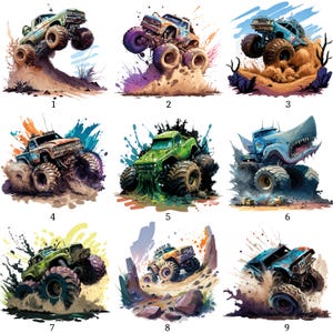 Op de afbeelding: Negen kleurrijke illustraties van monstertrucks in actie. Elke truck wordt afgebeeld in een dynamische pose, waarbij vuil en puin opwaaien. De trucks zijn in verschillende kleuren, waaronder groen, blauw, oranje en paars, met overdreven banden en gedetailleerde ontwerpen.
