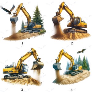 Pode incluir: Quatro ilustrações de escavadeiras amarelas em ação, cavando e movendo terra. Cada imagem apresenta uma perspectiva diferente do equipamento de construção, com detalhes como a caçamba, as esteiras e a cabine claramente visíveis. Algumas imagens incluem águias e pinheiros.
