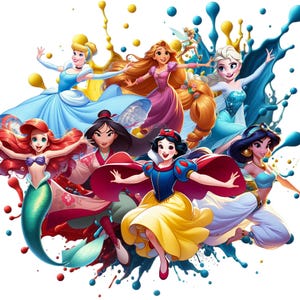 Op de afbeelding: Een levendige illustratie met verschillende Disney-prinsessen, waaronder Assepoester, Ariel en Sneeuwwitje, tegen een achtergrond van kleurrijke verfspatten. Elke prinses is afgebeeld in haar iconische kleding, met vloeiende jurken en expressieve poses. Het kunstwerk is helder en vrolijk.