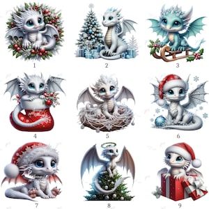 May include: Nine digital illustrations of adorable baby dragons in various Christmas-themed settings. Dragons are white, blue, and teal, with large eyes and wings. Some wear Santa hats, sit in stockings, or are near Christmas trees and gifts.