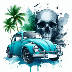 Iron-on patch, VW Beetle, Skull, iron-on motif