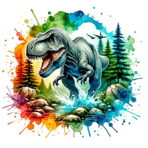 Op de afbeelding: Waterverfillustratie van een Tyrannosaurus Rex in een levendige, kleurrijke splash. De dinosaurus is afgebeeld in grijstinten en blauw, met een open mond. De achtergrond bevat bomen, rotsen en water.